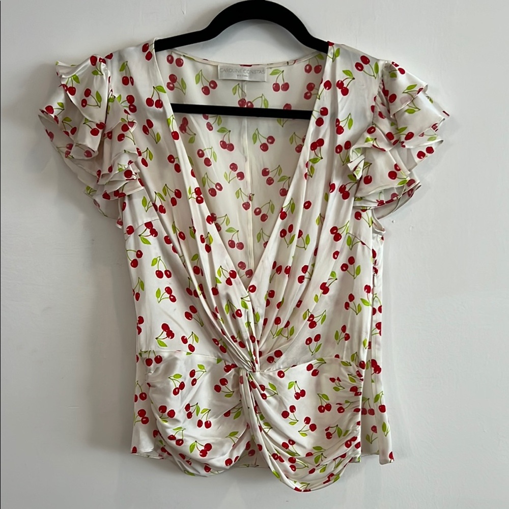 Caroline Constas White Cherry Print Satin Blouse
